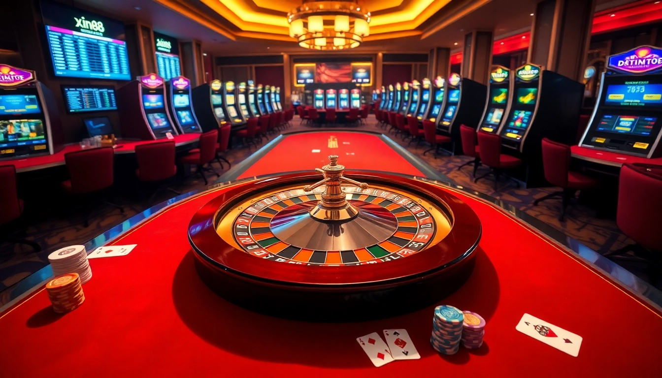Experience thrilling gameplay at xin88 with a luxurious casino environment showcasing roulette and poker tables.