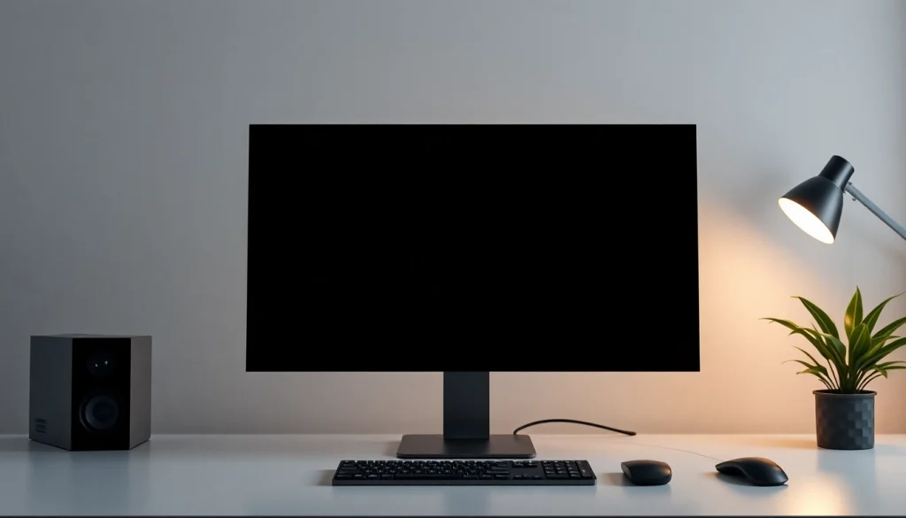 Schermo nero displayed in a minimalist workspace for focus and eye comfort.