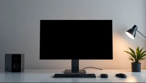 Schermo nero displayed in a minimalist workspace for focus and eye comfort.
