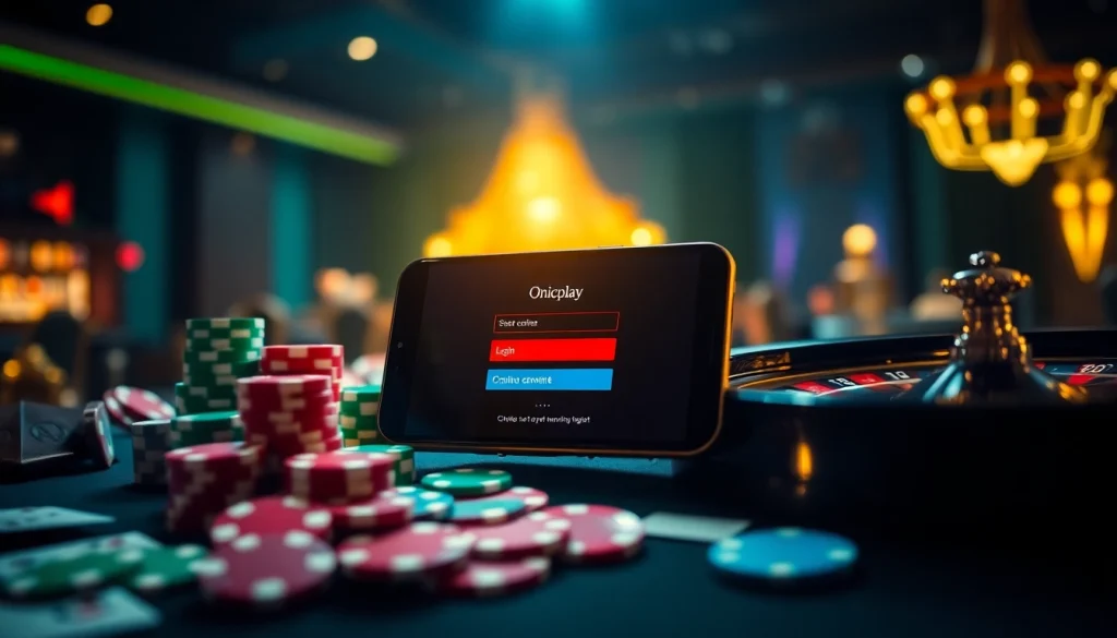 Experience the thrill of Onicplay with vibrant casino elements, showcasing poker chips and a roulette wheel.