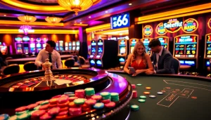 Số Đỏ 66 players strategizing their game at a vibrant casino table, surrounded by exciting slot machines.