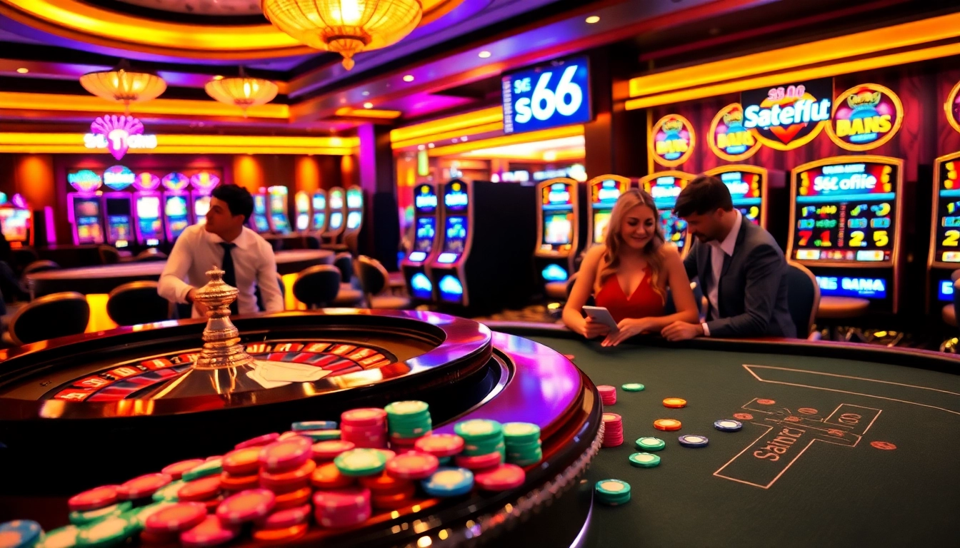 Số Đỏ 66 players strategizing their game at a vibrant casino table, surrounded by exciting slot machines.