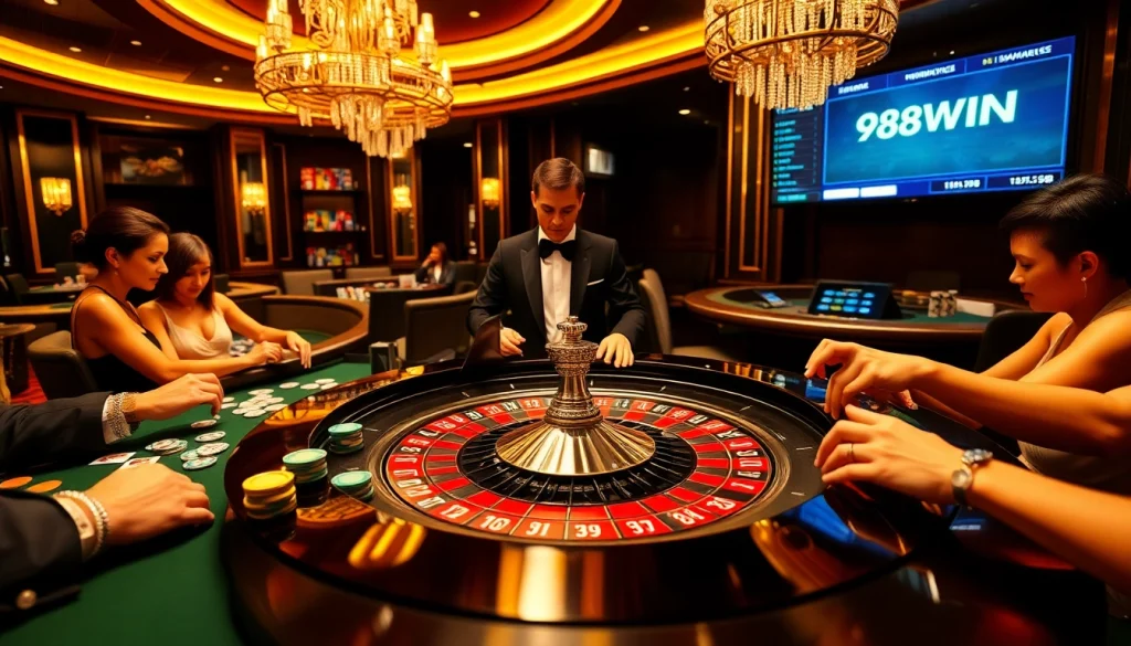 98WIN highlights a thrilling roulette game with players betting in an upscale casino atmosphere.