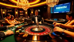 98WIN highlights a thrilling roulette game with players betting in an upscale casino atmosphere.