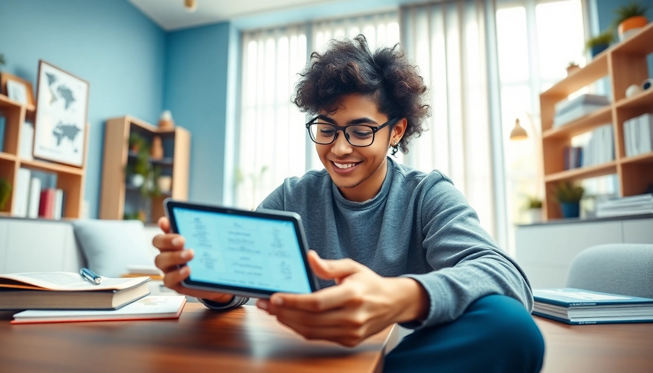 Using the Youdao translation app on a tablet in a modern workspace, showcasing user-friendly technology.