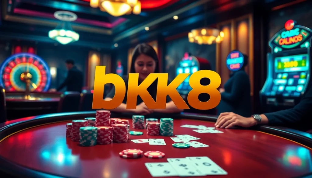 Experience the excitement of BK8 with vibrant poker chips and cards in a luxurious casino setting.