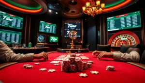7upbet players engaging in high-stakes poker betting with casino chips and odds displayed