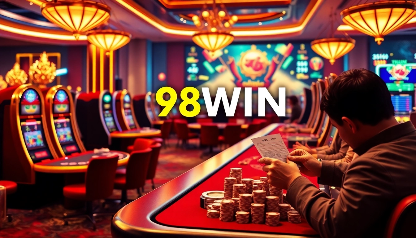 Experience the thrill of betting at 98WIN with colorful casino tables and shiny poker chips.