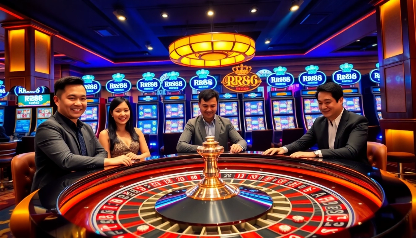 RR88 casino experience with players enjoying roulette and slot machines in a luxurious atmosphere.