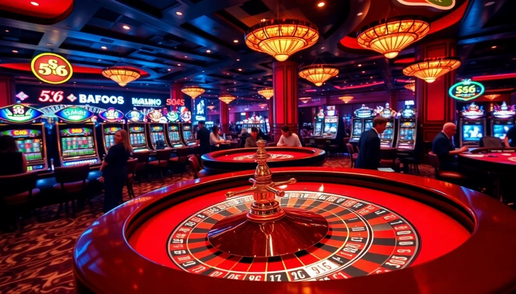 Số Đỏ 66 vibrant casino scene showcasing roulette action with enthusiastic players and bright slot machines.