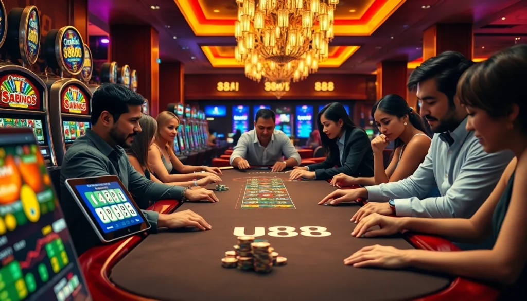 Players enjoying a thrilling gambling experience at u 888 casino with vibrant slot machines and tables.