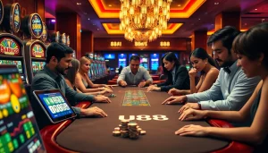 Players enjoying a thrilling gambling experience at u 888 casino with vibrant slot machines and tables.