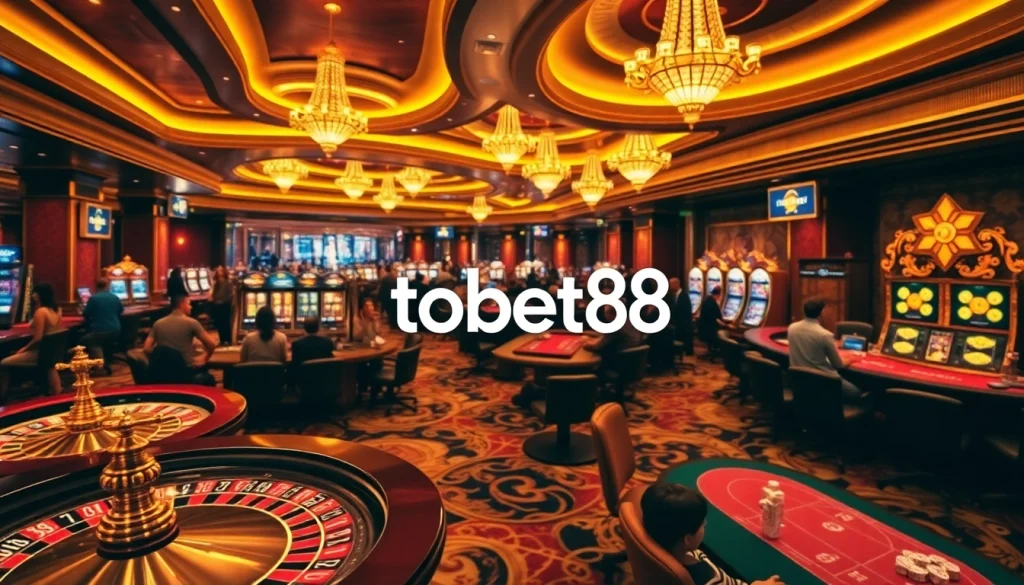 Experience the excitement of playing at tobet88's luxurious casino, featuring a vibrant gaming scene.
