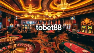 Experience the excitement of playing at tobet88's luxurious casino, featuring a vibrant gaming scene.
