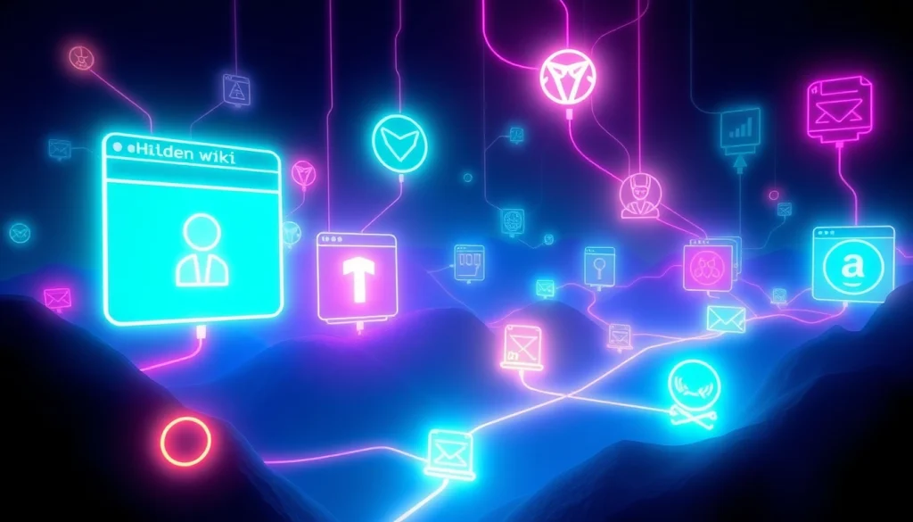 Explore the hidden wiki's vibrant digital landscape filled with .onion websites in a mysterious, neon-lit world.