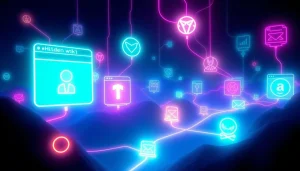 Explore the hidden wiki's vibrant digital landscape filled with .onion websites in a mysterious, neon-lit world.
