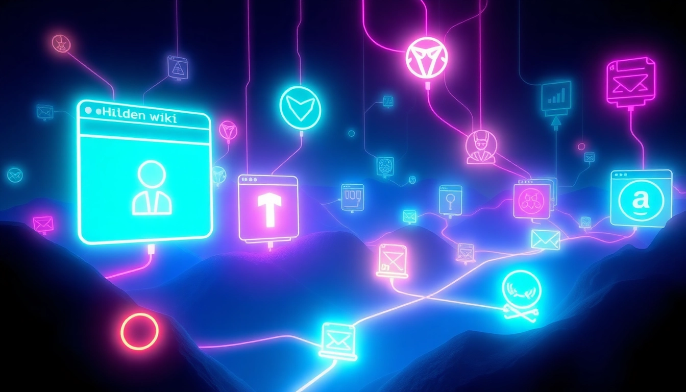 Explore the hidden wiki's vibrant digital landscape filled with .onion websites in a mysterious, neon-lit world.
