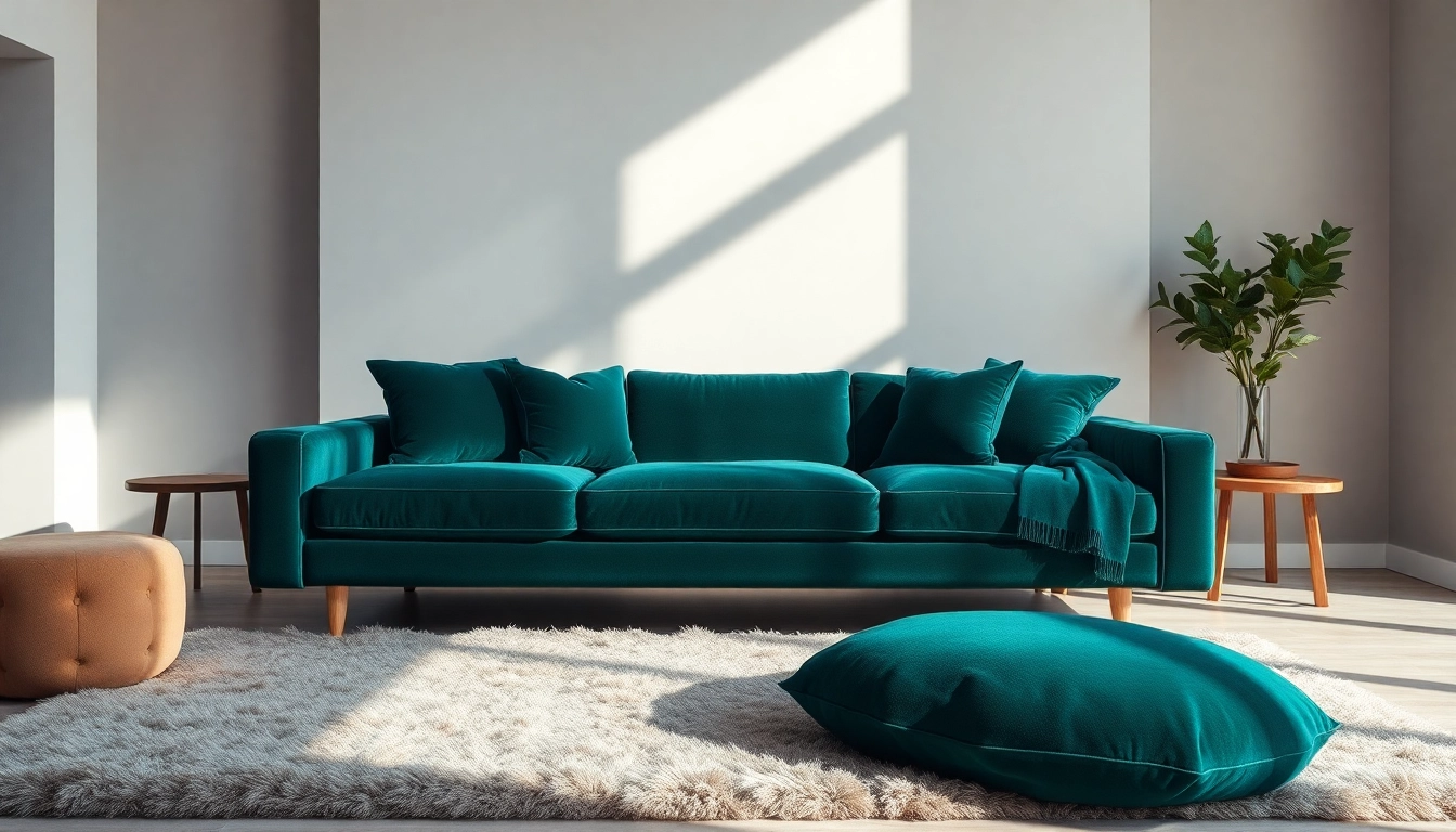 Creëer een gezellige sfeer met fluweel stoffen meubels in een moderne woonkamer.