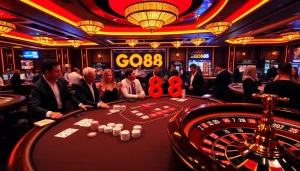 Exciting gaming action at GO88 casino with players engaging at blackjack and roulette.