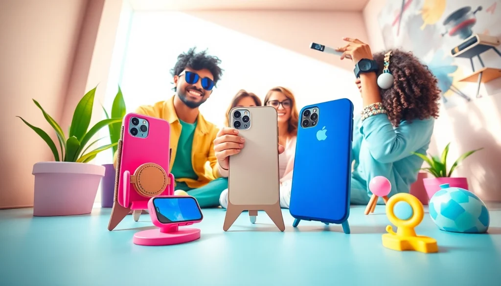 Stylish MMOO gadget accessories enhancing personal devices in a vibrant lifestyle setting.