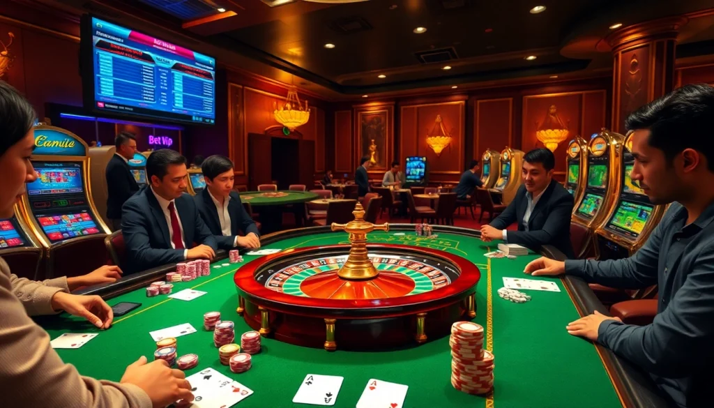 Cảnh hấp dẫn với ứng dụng Bet VIP đang hoạt động tại một casino sang trọng, với những viên chip casino đầy màu sắc và những lá bài.