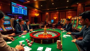 Cảnh hấp dẫn với ứng dụng Bet VIP đang hoạt động tại một casino sang trọng, với những viên chip casino đầy màu sắc và những lá bài.