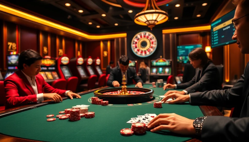 Experience the excitement of gambling at a luxurious casino featuring 789 P poker tables and vibrant slot machines.