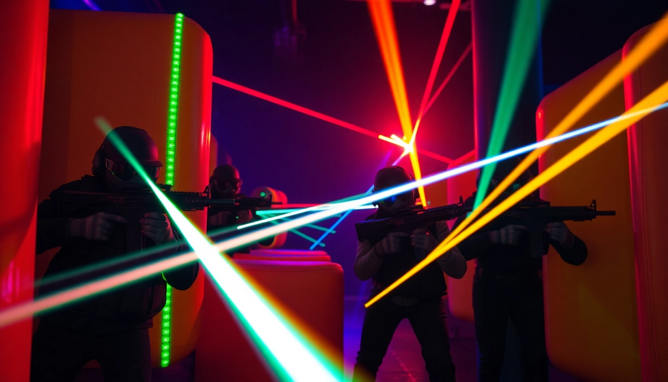 Exciting group playing laser tag in a neon-lit arena with tactical gear.