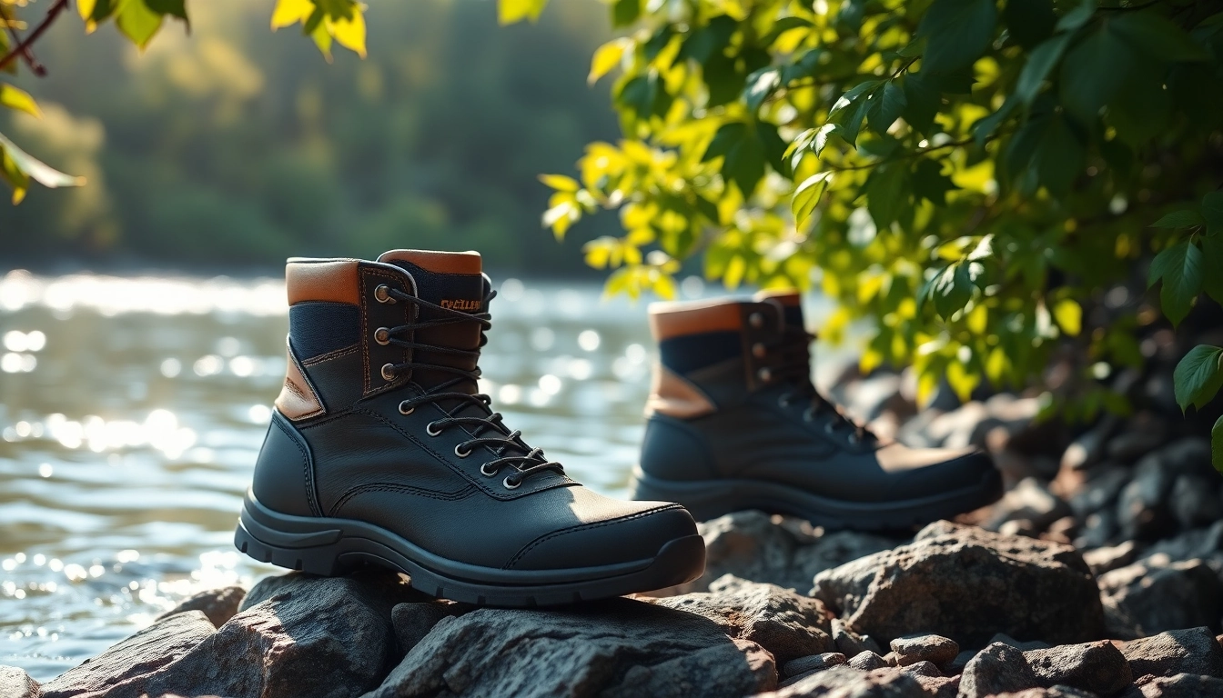 Fly fishing boots resting on a rocky riverbank, highlighting durability and outdoor adventure.