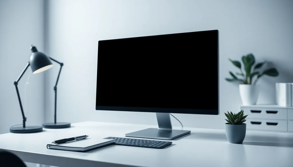 Full black screen on a modern monitor in a minimalist workspace for enhanced focus and concentration.
