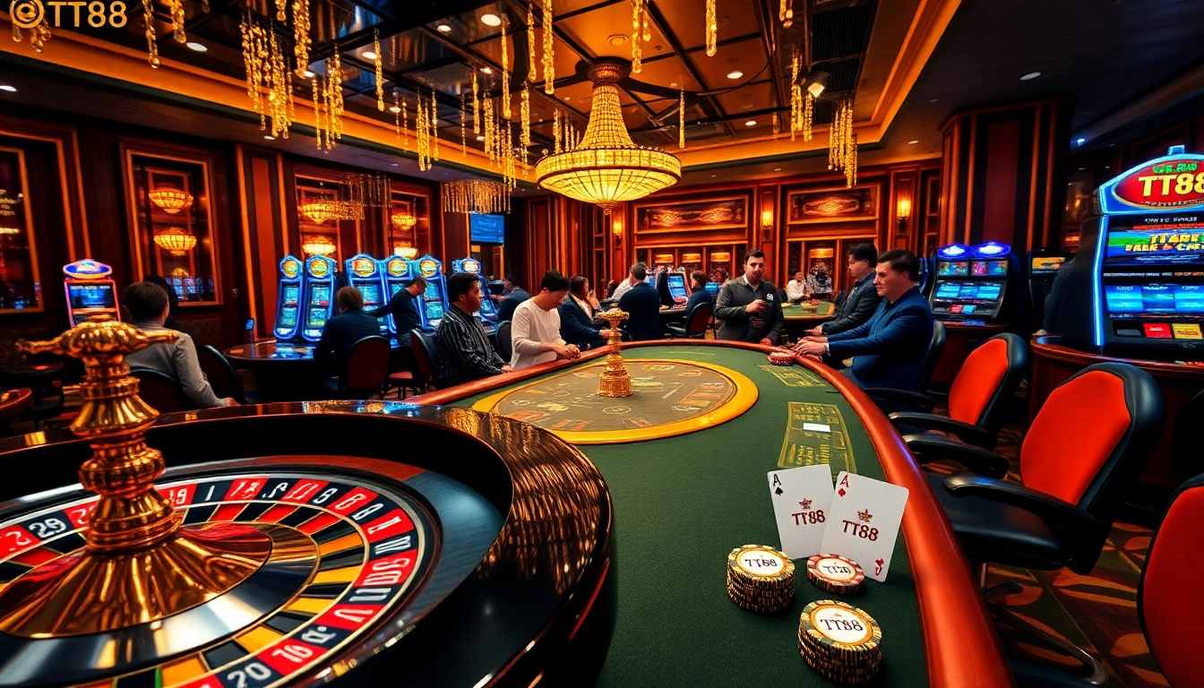 Experience TT88 excitement at a luxurious casino with roulette, poker, and vibrant slot machines.