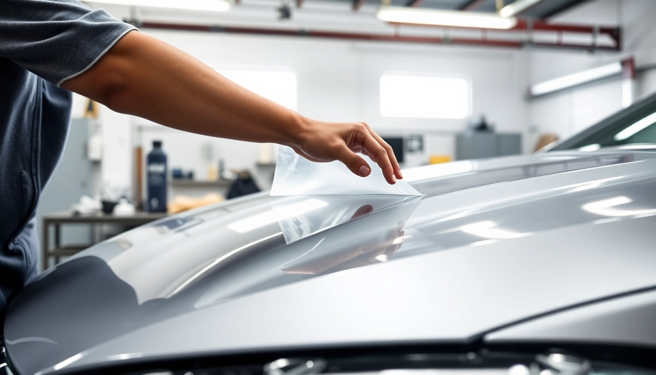 PPF winter road salt protection being applied by an expert technician to a vehicle’s hood.