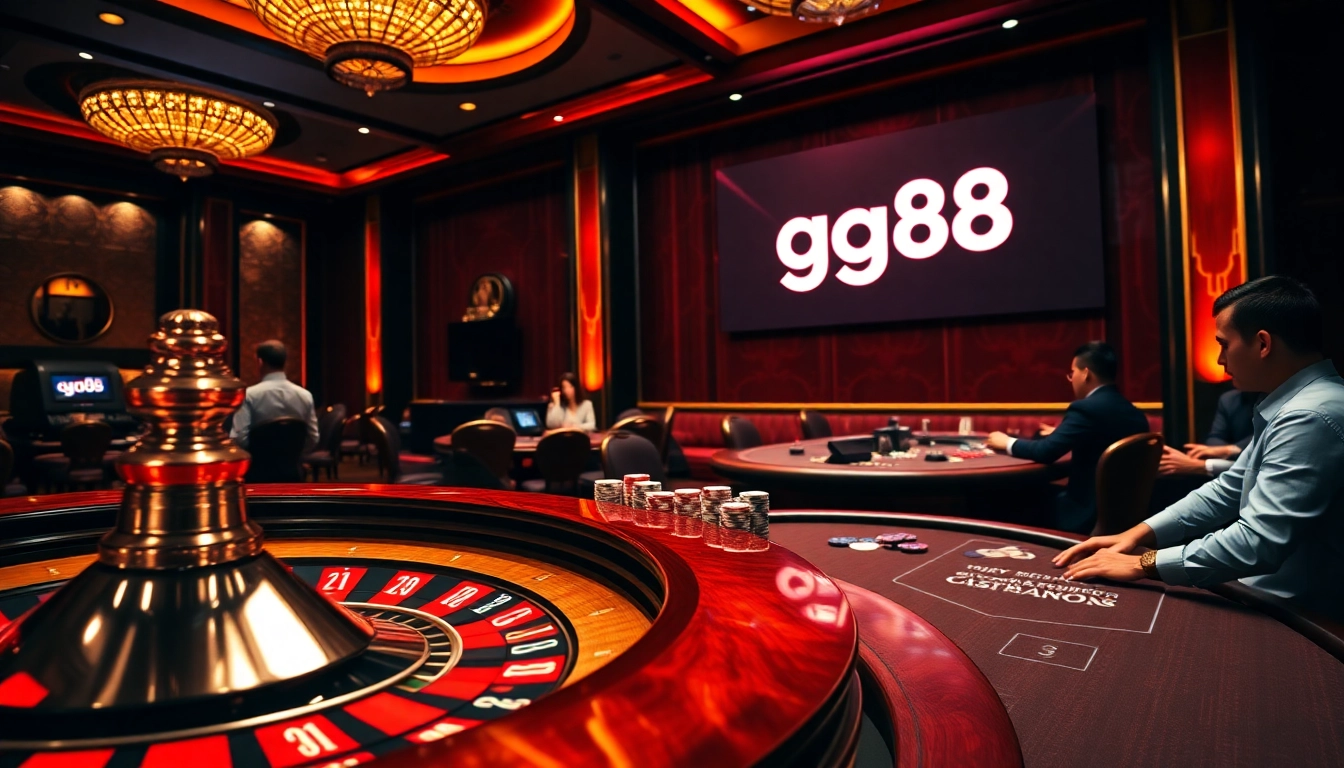 Exciting gambling action featuring a roulette wheel and gg88 branding in a luxurious casino.