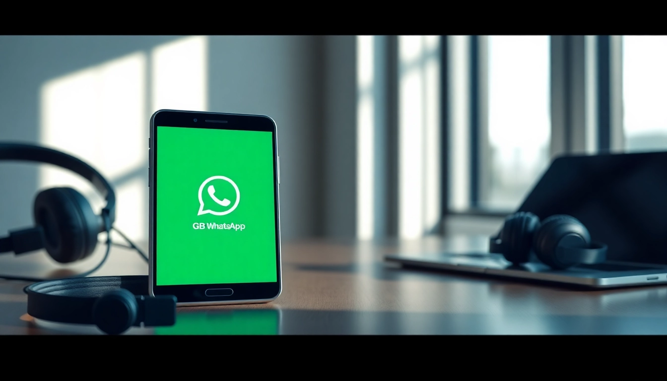 Explore the GB WhatsApp app features with a modern smartphone on a stylish desk.