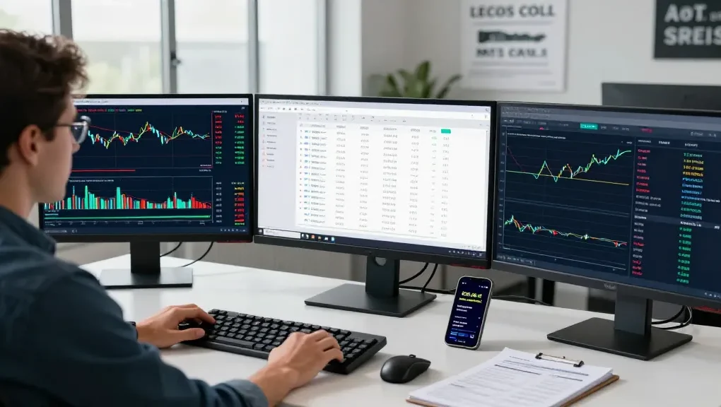 Trader analyzing Forex data on mt4 platform in a modern workspace with multiple screens and technical indicators.