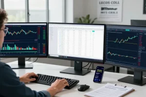 Trader analyzing Forex data on mt4 platform in a modern workspace with multiple screens and technical indicators.