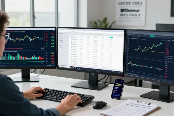 Trader analyzing Forex data on mt4 platform in a modern workspace with multiple screens and technical indicators.