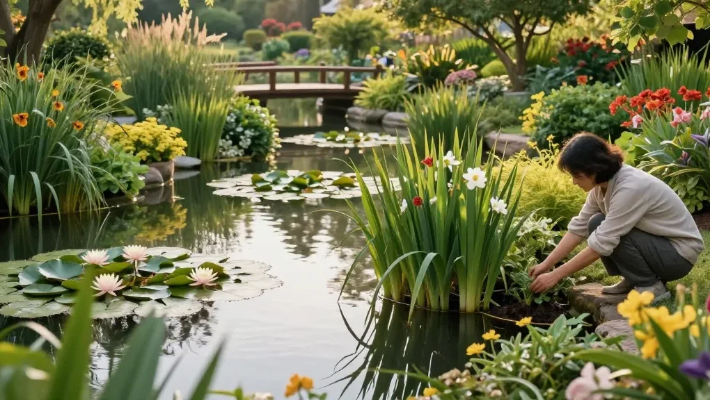 Pond Plants thriving in a serene garden pond with a gardener tending to water lilies.