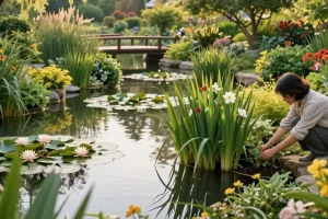 Pond Plants thriving in a serene garden pond with a gardener tending to water lilies.