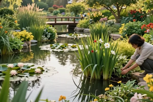 Pond Plants thriving in a serene garden pond with a gardener tending to water lilies.