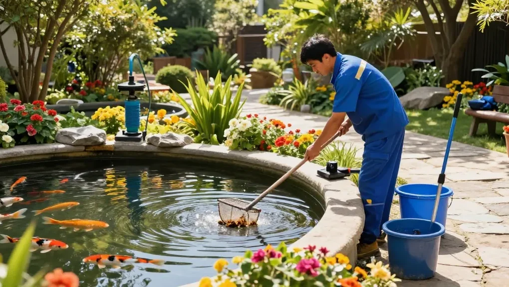 Pond Cleaning Surrey: Technician performing pond maintenance in a tranquil garden setting with vibrant flora.