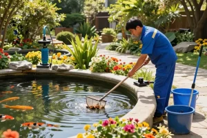 Pond Cleaning Surrey: Technician performing pond maintenance in a tranquil garden setting with vibrant flora.