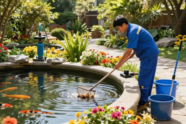 Pond Cleaning Surrey: Technician performing pond maintenance in a tranquil garden setting with vibrant flora.
