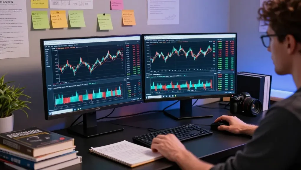 Trader using MetaTrader 5 on dual screens, analyzing market data in a professional trading environment.