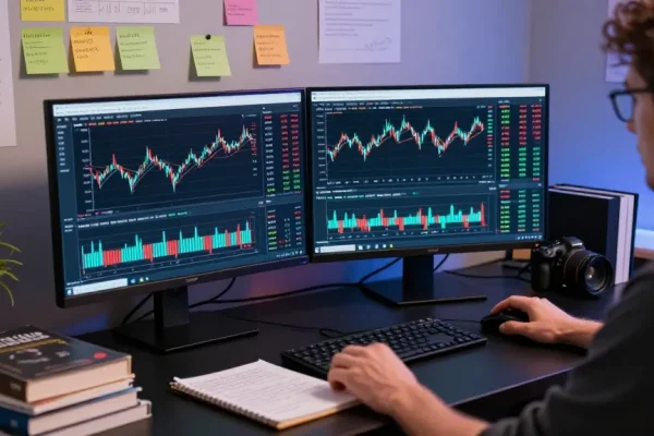 Trader using MetaTrader 5 on dual screens, analyzing market data in a professional trading environment.
