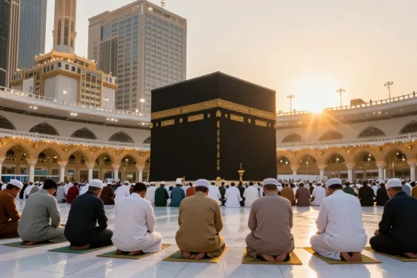 Umroh Ramadhan experience at Masjidil Haram, vibrant pilgrimage scene with travelers, spiritual tourism moment.