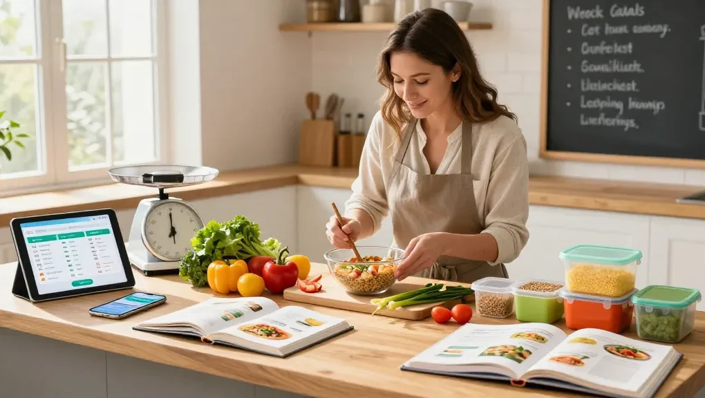 Best macro tracker app displayed alongside fresh ingredients for nutritious meal prep.