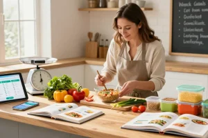Best macro tracker app displayed alongside fresh ingredients for nutritious meal prep.