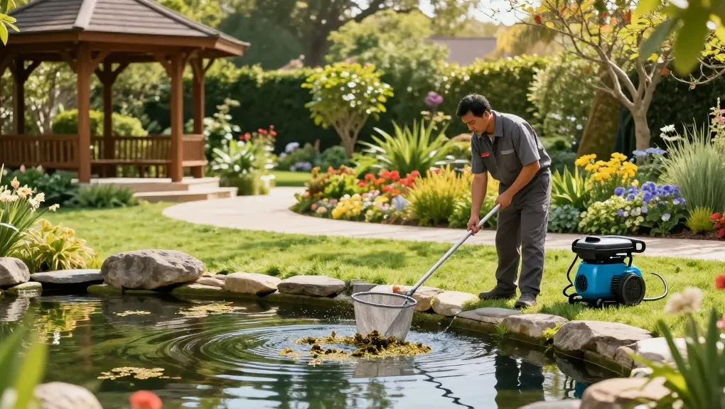 Pond Cleaning Surrey - Expert cleaner maintaining a vibrant garden pond with tools and natural surroundings.