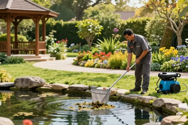 Pond Cleaning Surrey - Expert cleaner maintaining a vibrant garden pond with tools and natural surroundings.